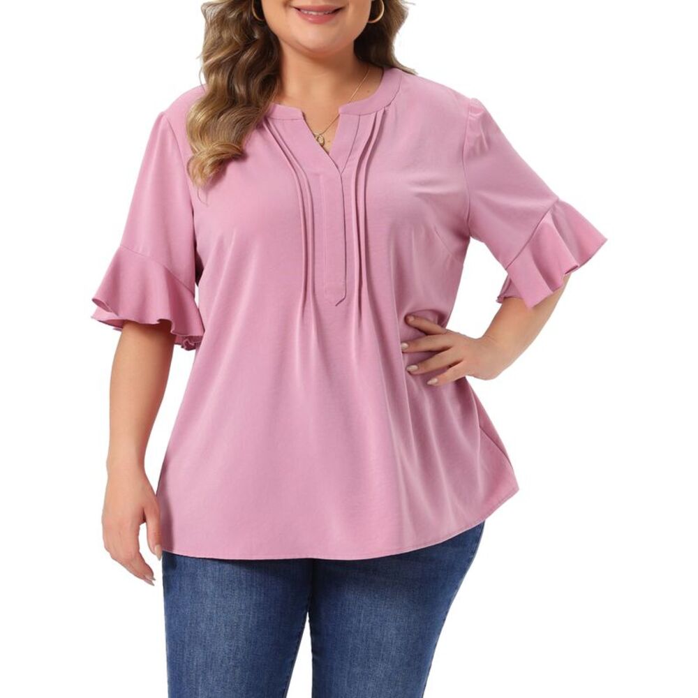 Women Plus Size Chiffon Ruffle V Neck Short Sleeve Blouse Pink